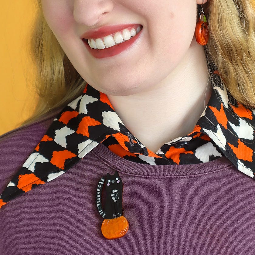 Pumpkin Time Kitty Brooch  -  Erstwilder  -  Quirky Resin and Enamel Accessories