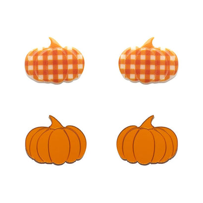 Pumpkin Patch Stud Earrings Set - Orange & Orange Gingham  -  Erstwilder Essentials  -  Quirky Resin and Enamel Accessories