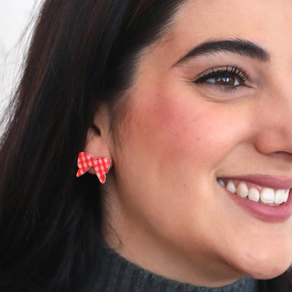 Bow Gingham Stud Earrings - Red  -  Erstwilder Essentials  -  Quirky Resin and Enamel Accessories