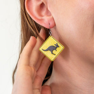 Kangaroo Sign Drop Earrings - Yellow  -  Erstwilder Essentials  -  Quirky Resin and Enamel Accessories