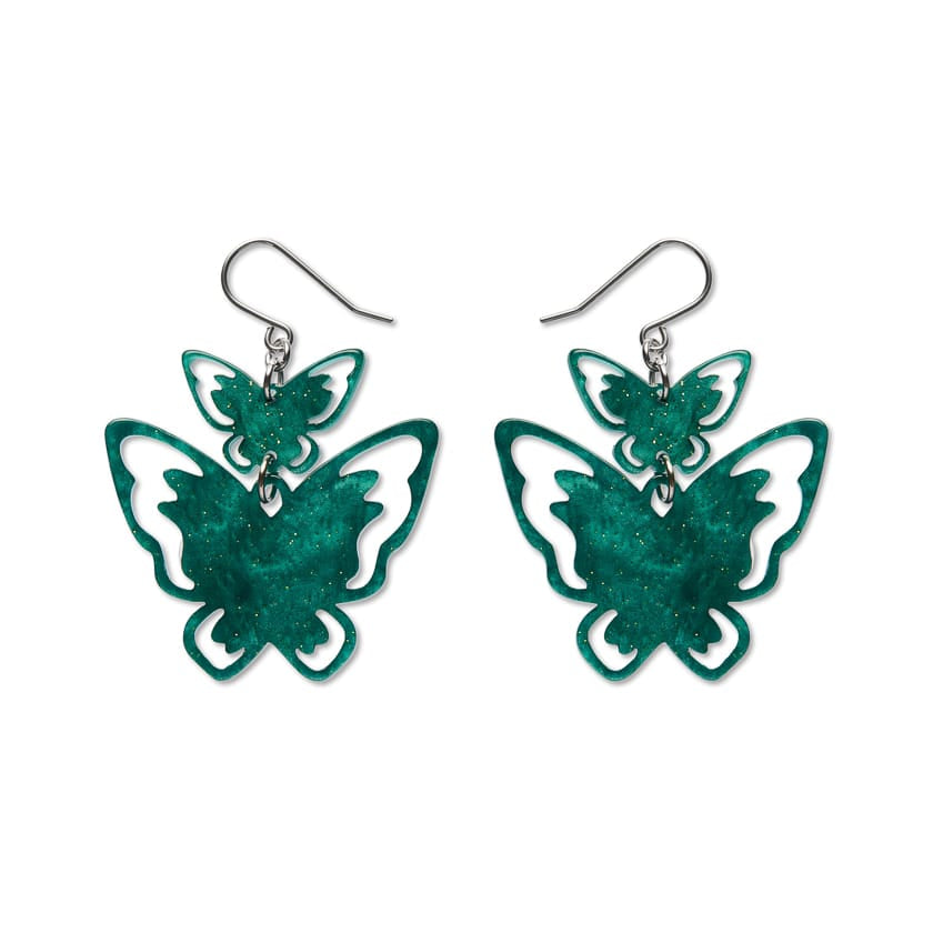 Double Butterfly Drop Earrings - Green  -  Erstwilder Essentials  -  Quirky Resin and Enamel Accessories