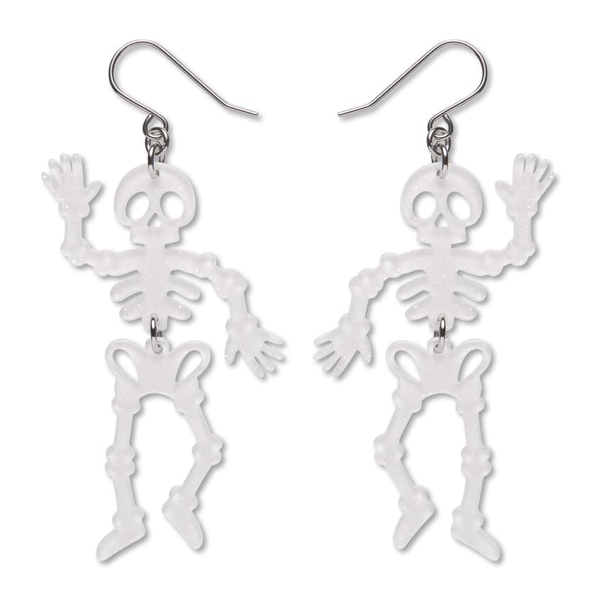 Dancing Skeletons Drop Earrings - White  -  Erstwilder Essentials  -  Quirky Resin and Enamel Accessories
