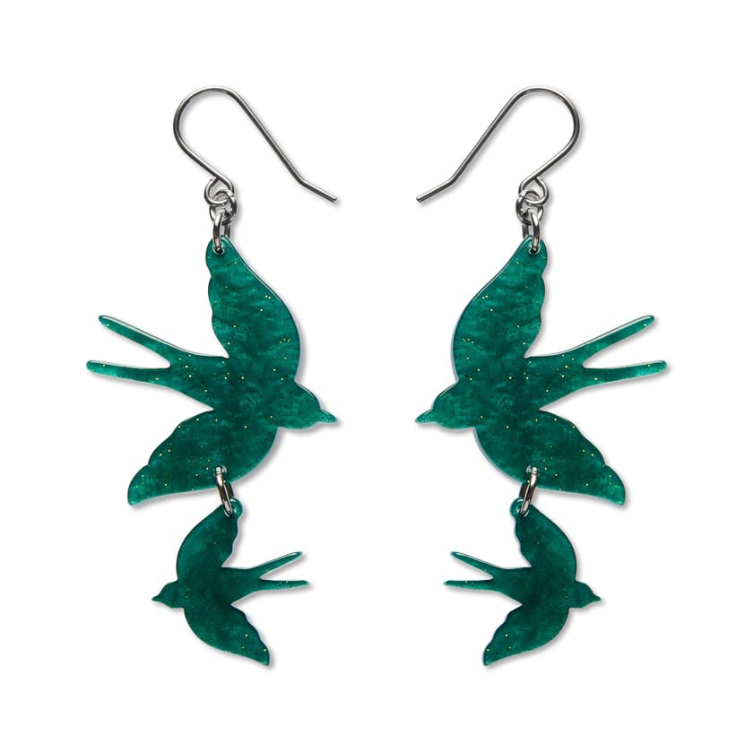 Double Swallow Drop Earrings - Green  -  Erstwilder Essentials  -  Quirky Resin and Enamel Accessories
