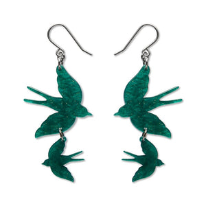 Double Swallow Drop Earrings - Green  -  Erstwilder Essentials  -  Quirky Resin and Enamel Accessories