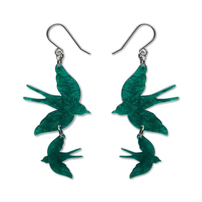 Double Swallow Drop Earrings - Green  -  Erstwilder Essentials  -  Quirky Resin and Enamel Accessories