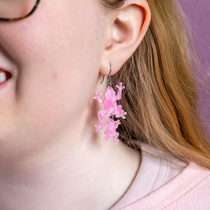 Double Frog Drop Earrings - Pink  -  Erstwilder Essentials  -  Quirky Resin and Enamel Accessories