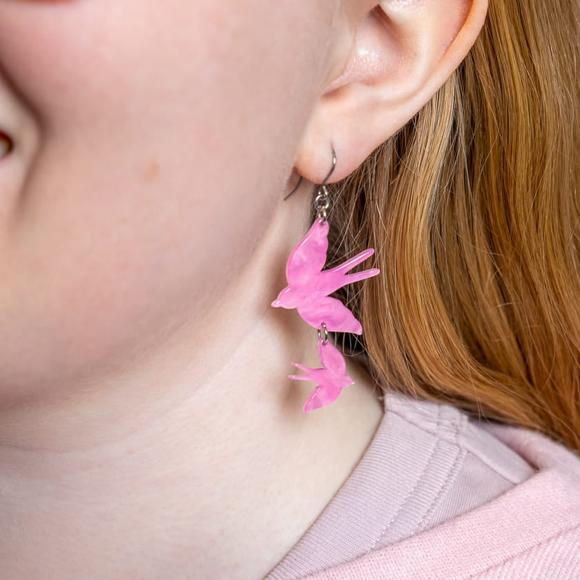 Double Swallow Drop Earrings - Pink  -  Erstwilder Essentials  -  Quirky Resin and Enamel Accessories