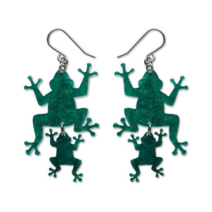 Double Frog Drop Earrings - Green  -  Erstwilder Essentials  -  Quirky Resin and Enamel Accessories