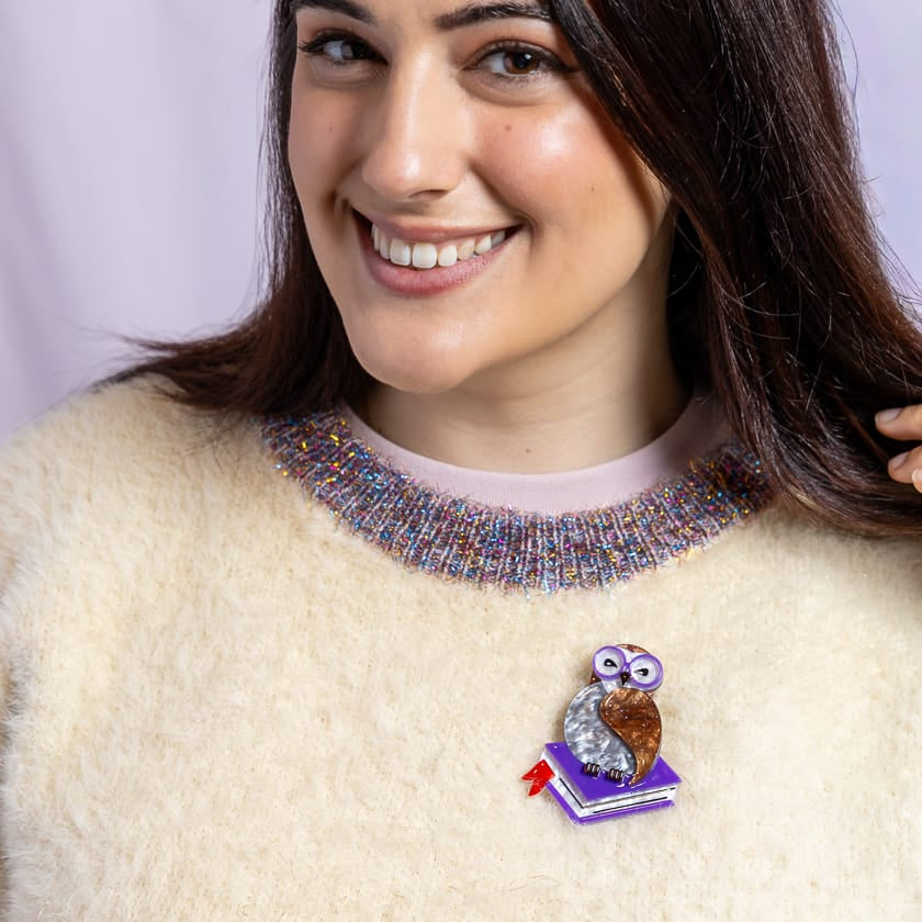 Studious Snow Owl Brooch  -  Erstwilder  -  Quirky Resin and Enamel Accessories
