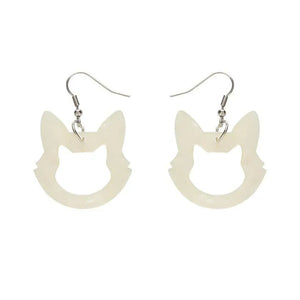 Cat Head Glitter Resin Drop Earrings - White  -  Erstwilder Essentials  -  Quirky Resin and Enamel Accessories