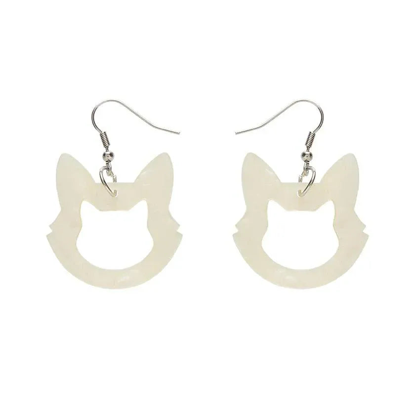 Cat Head Glitter Resin Drop Earrings - White  -  Erstwilder Essentials  -  Quirky Resin and Enamel Accessories