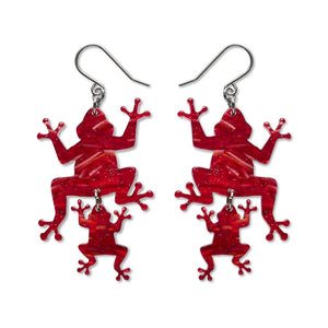 Double Frog Drop Earrings - Red  -  Erstwilder Essentials  -  Quirky Resin and Enamel Accessories