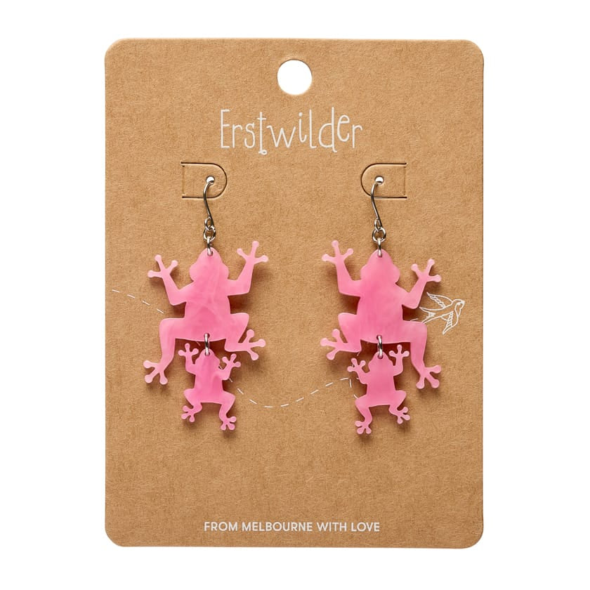 Double Frog Drop Earrings - Pink  -  Erstwilder Essentials  -  Quirky Resin and Enamel Accessories