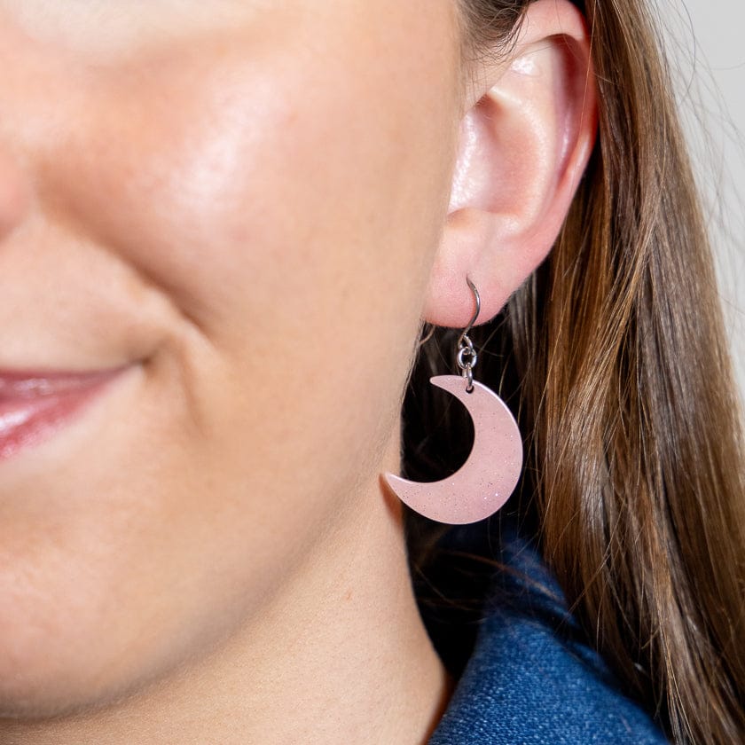 Cresent Moon Drop Earrings - Pink  -  Erstwilder Essentials  -  Quirky Resin and Enamel Accessories