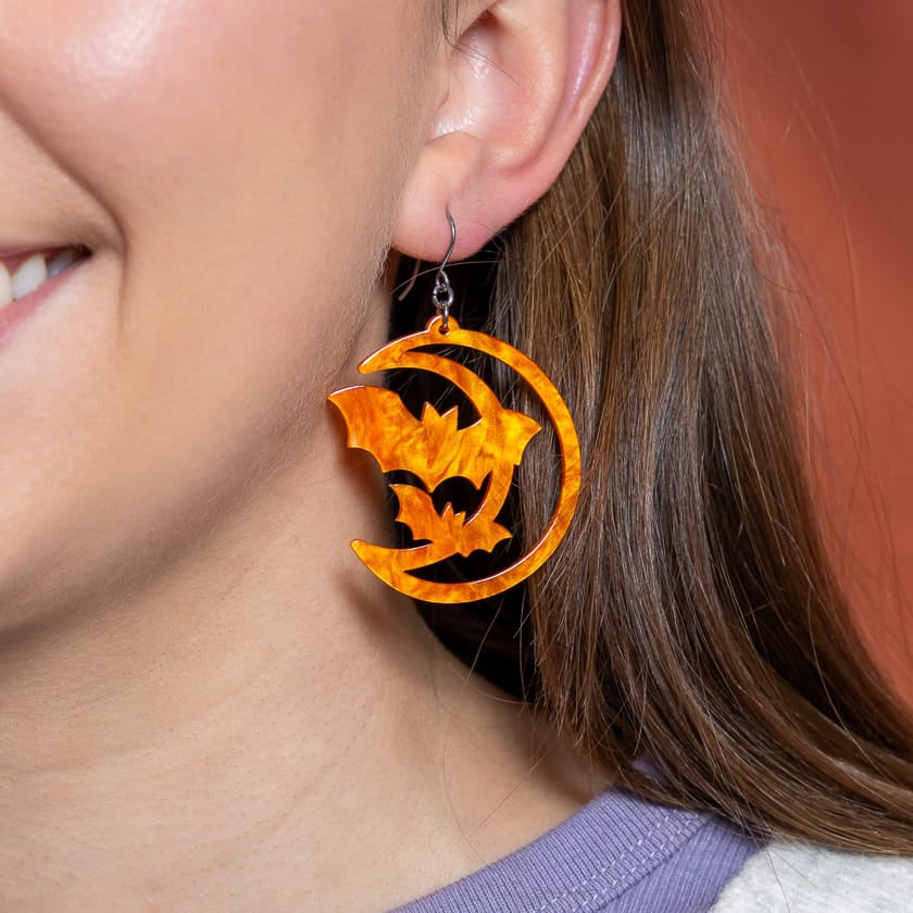 Moon & Bats Drop Earrings - Orange  -  Erstwilder Essentials  -  Quirky Resin and Enamel Accessories