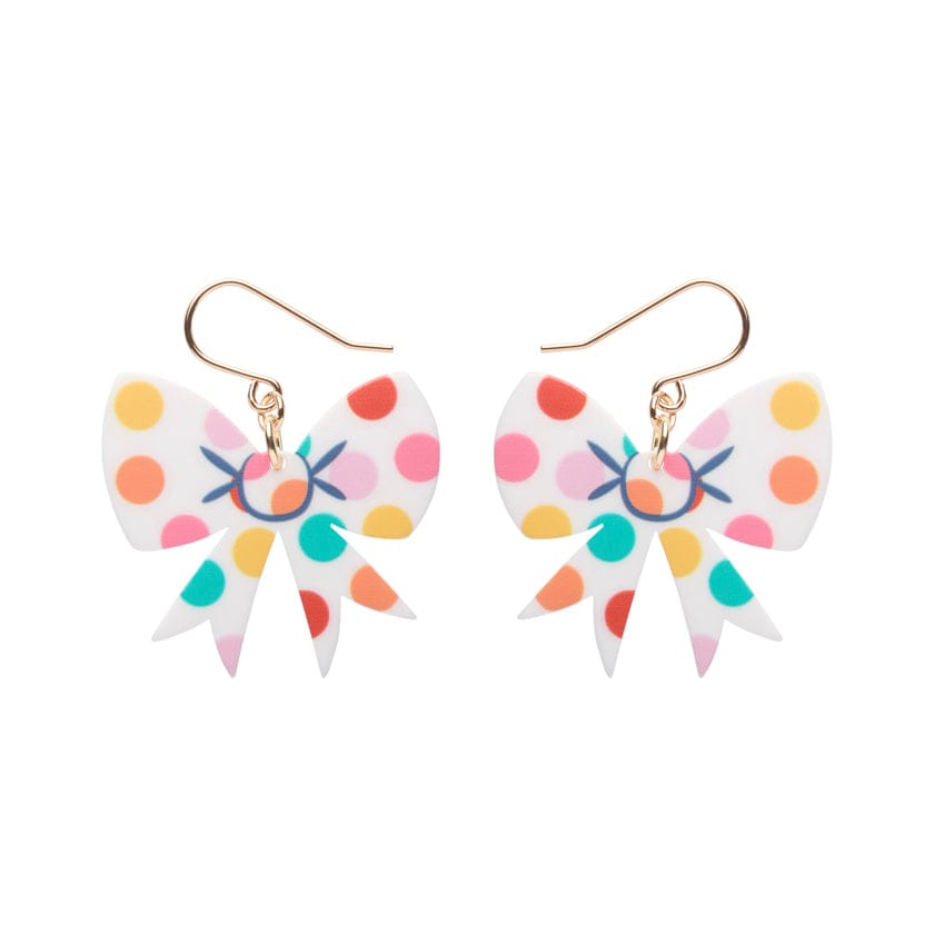 Polka Dot Bow Drop Earrings – White  -  Erstwilder Essentials  -  Quirky Resin and Enamel Accessories