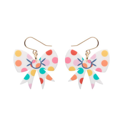 Polka Dot Bow Drop Earrings – White  -  Erstwilder Essentials  -  Quirky Resin and Enamel Accessories