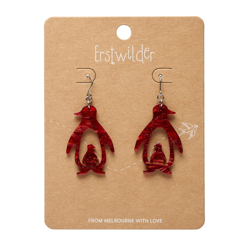 Double Penguin Drop Earrings - Red  -  Erstwilder Essentials  -  Quirky Resin and Enamel Accessories