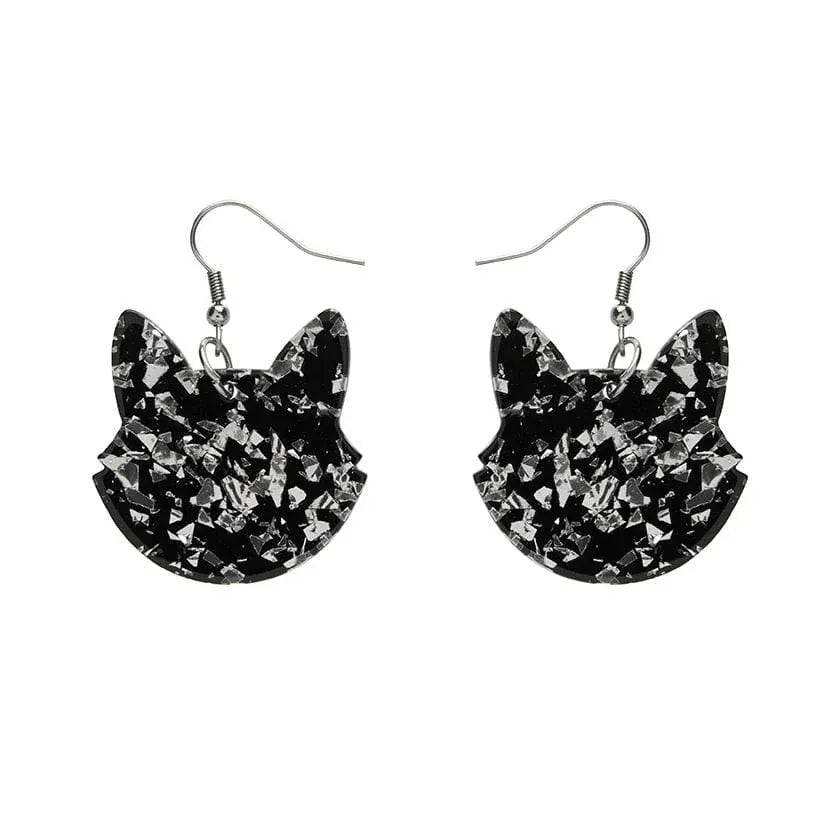 Solid Cat Head Chunky Glitter Resin Drop Earrings - Silver  -  Erstwilder Essentials  -  Quirky Resin and Enamel Accessories