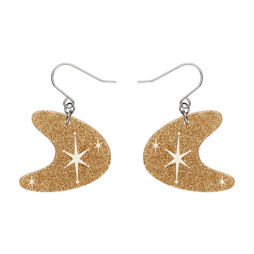 Atomic Boomerang Glitter Drop Earrings - Gold  -  Erstwilder Essentials  -  Quirky Resin and Enamel Accessories