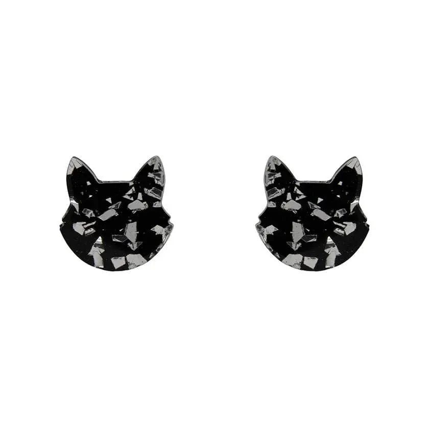 Cat Head Chunky Glitter Resin Stud Earrings - Silver  -  Erstwilder Essentials  -  Quirky Resin and Enamel Accessories