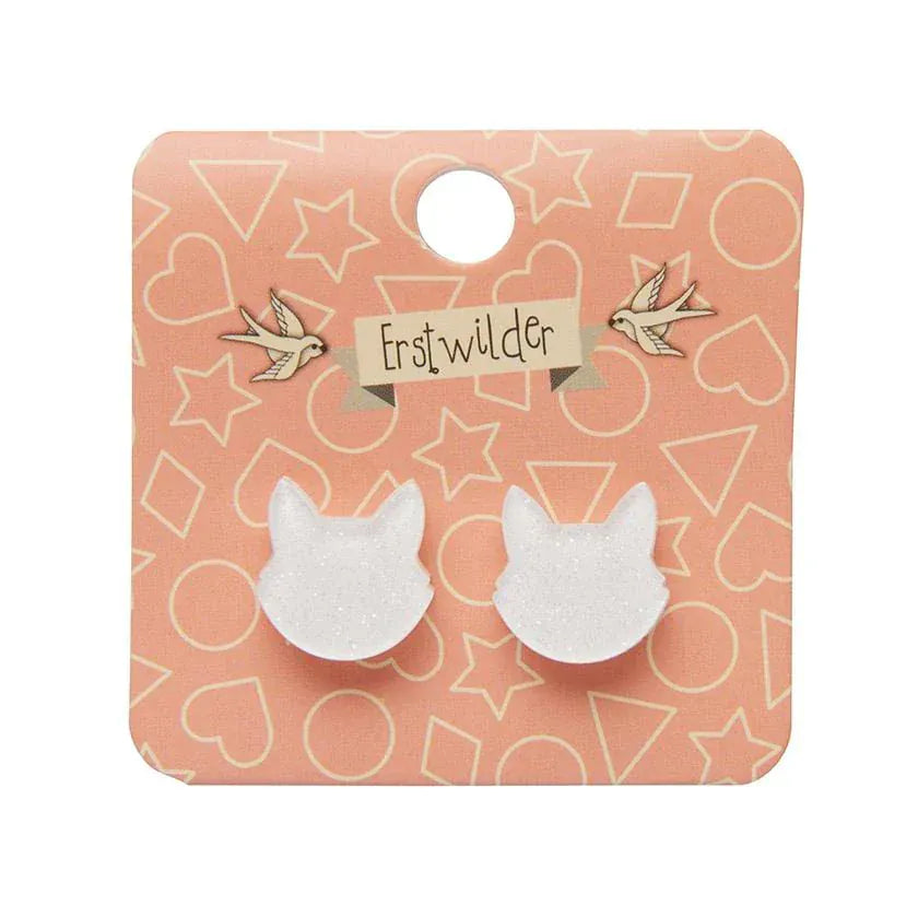 Cat Head Glitter Resin Stud Earrings - White  -  Erstwilder Essentials  -  Quirky Resin and Enamel Accessories