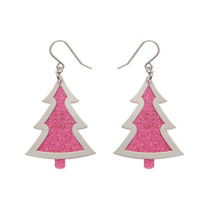 Pink Christmas Tree Drop Earrings - Silver  -  Erstwilder Essentials  -  Quirky Resin and Enamel Accessories