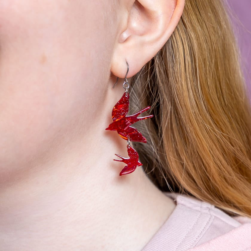 Double Swallow Drop Earrings - Red  -  Erstwilder Essentials  -  Quirky Resin and Enamel Accessories
