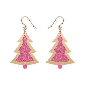 Pink Christmas Tree Drop Earrings - Gold  -  Erstwilder Essentials  -  Quirky Resin and Enamel Accessories