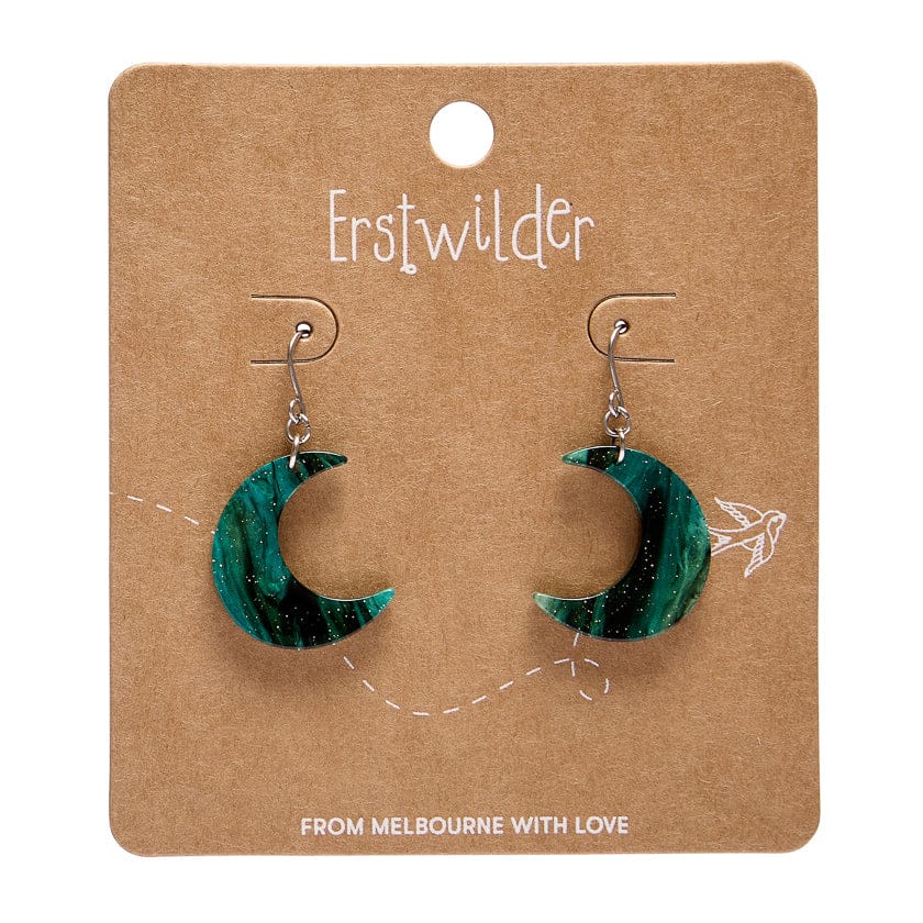 Cresent Moon Drop Earrings - Green  -  Erstwilder Essentials  -  Quirky Resin and Enamel Accessories