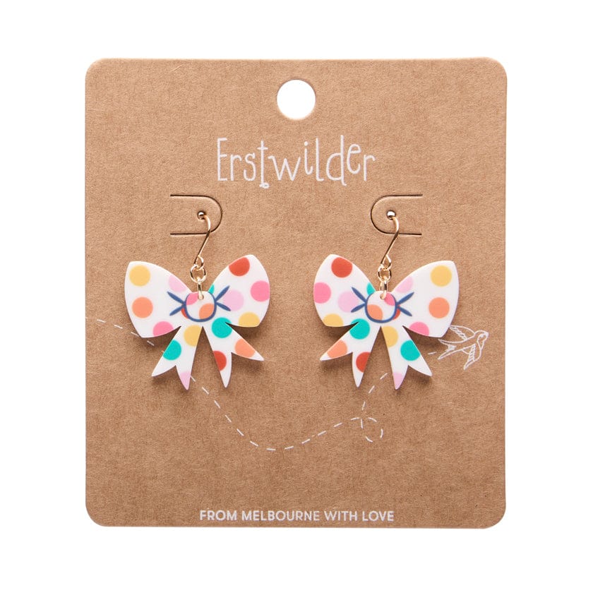 Polka Dot Bow Drop Earrings – White  -  Erstwilder Essentials  -  Quirky Resin and Enamel Accessories
