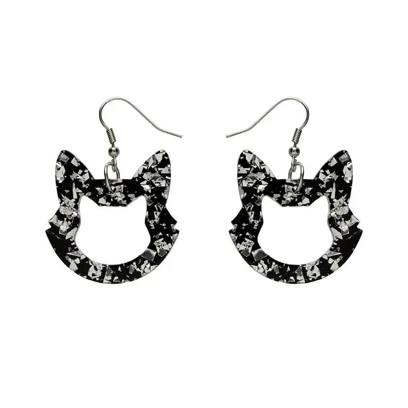 Cat Head Chunky Glitter Resin Drop Earrings - Silver  -  Erstwilder Essentials  -  Quirky Resin and Enamel Accessories
