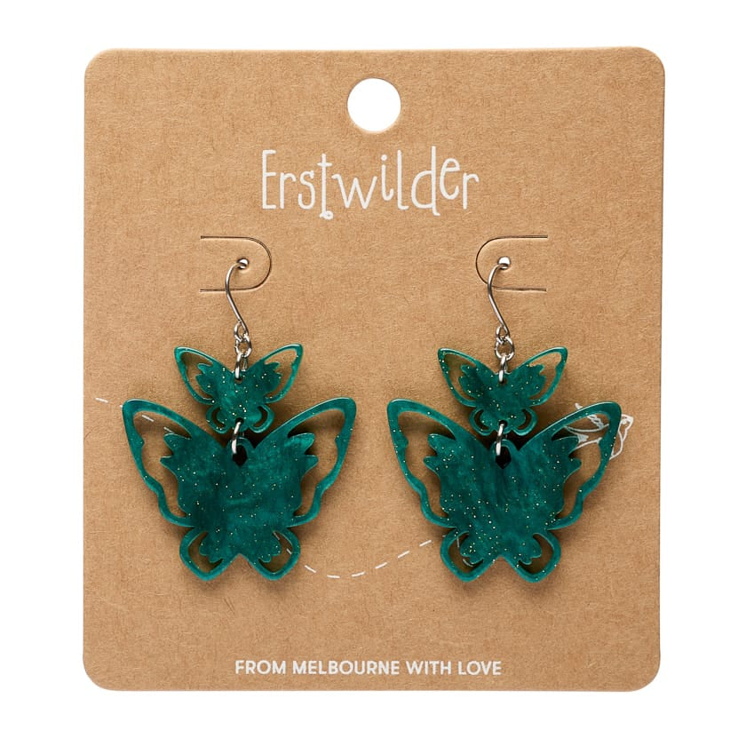 Double Butterfly Drop Earrings - Green  -  Erstwilder Essentials  -  Quirky Resin and Enamel Accessories