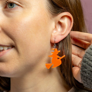 Flying Witch Drop Earrings - Orange  -  Erstwilder Essentials  -  Quirky Resin and Enamel Accessories