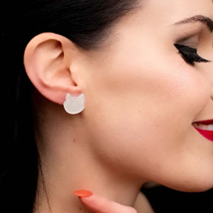Cat Head Glitter Resin Stud Earrings - White  -  Erstwilder Essentials  -  Quirky Resin and Enamel Accessories