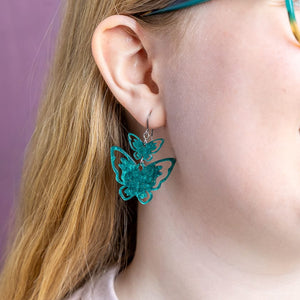 Double Butterfly Drop Earrings - Green  -  Erstwilder Essentials  -  Quirky Resin and Enamel Accessories