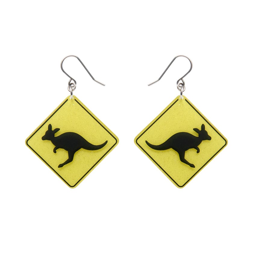 Kangaroo Sign Drop Earrings - Yellow  -  Erstwilder Essentials  -  Quirky Resin and Enamel Accessories