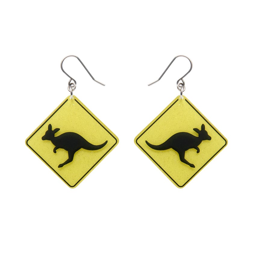 Kangaroo Sign Drop Earrings - Yellow  -  Erstwilder Essentials  -  Quirky Resin and Enamel Accessories