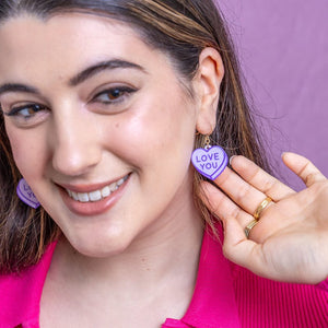 Candy Heart Drop Earrings – Purple  -  Erstwilder Essentials  -  Quirky Resin and Enamel Accessories