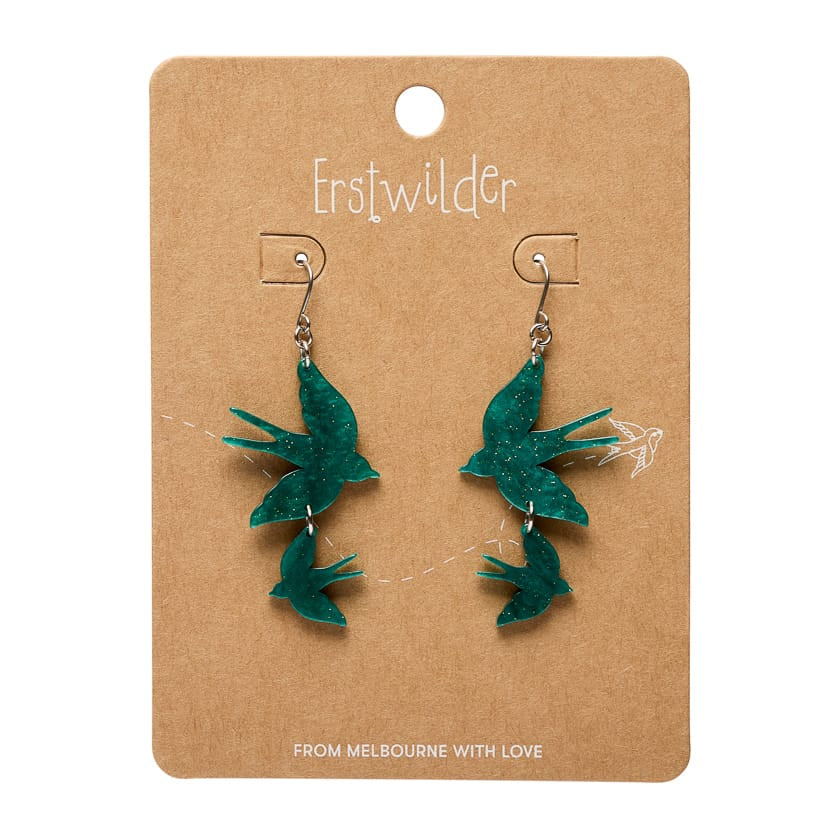 Double Swallow Drop Earrings - Green  -  Erstwilder Essentials  -  Quirky Resin and Enamel Accessories