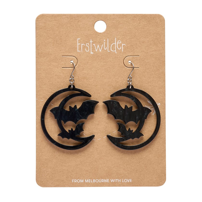 Moon & Bats Drop Earrings - Black  -  Erstwilder Essentials  -  Quirky Resin and Enamel Accessories