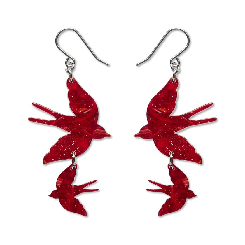 Double Swallow Drop Earrings - Red  -  Erstwilder Essentials  -  Quirky Resin and Enamel Accessories