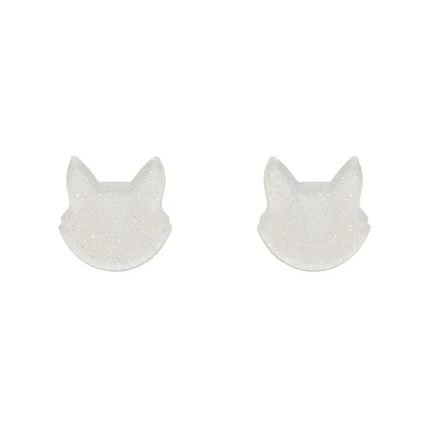 Cat Head Glitter Resin Stud Earrings - White  -  Erstwilder Essentials  -  Quirky Resin and Enamel Accessories