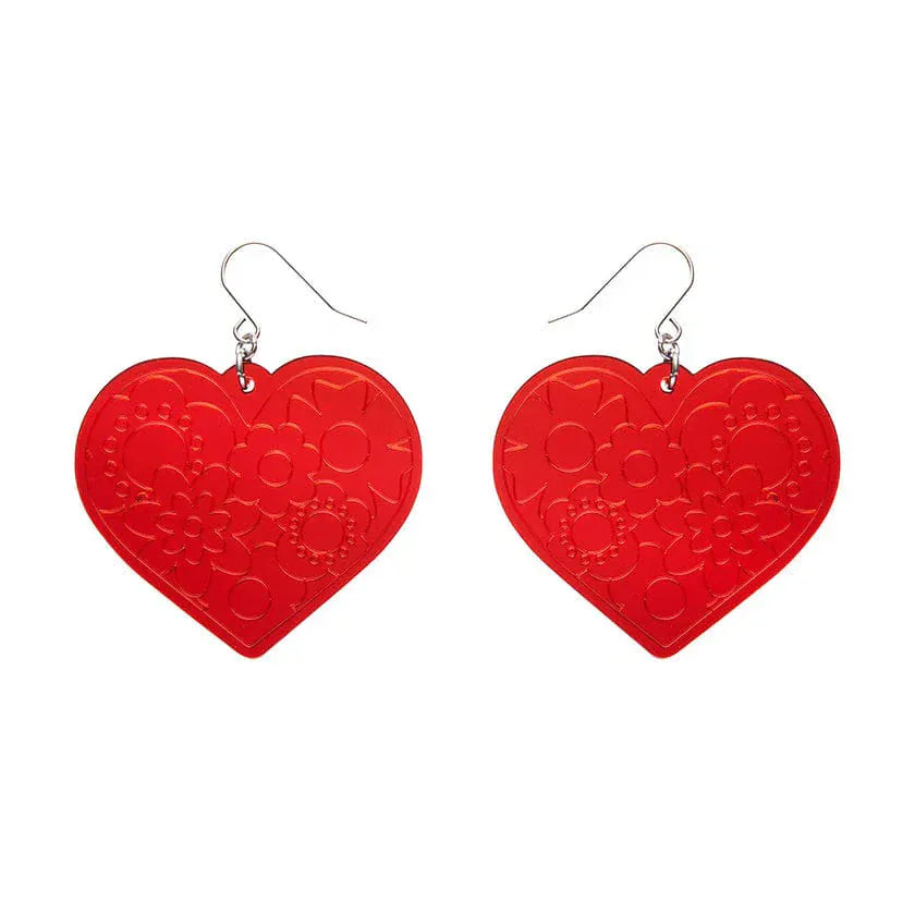 Love Heart Mirror Drop Earrings - Red  -  Erstwilder Essentials  -  Quirky Resin and Enamel Accessories