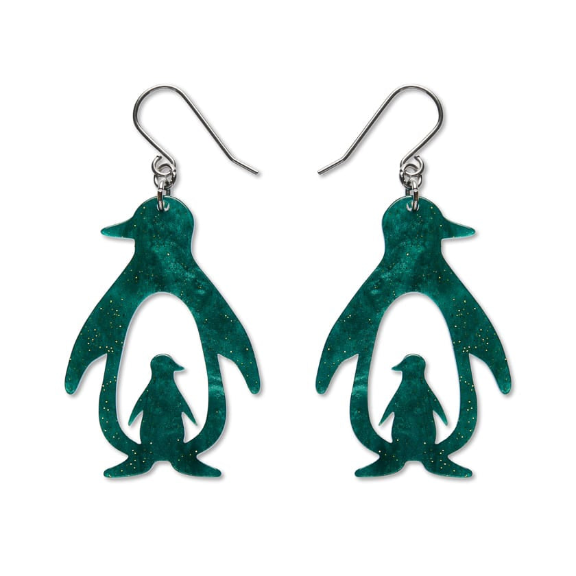 Double Penguin Drop Earrings - Green  -  Erstwilder Essentials  -  Quirky Resin and Enamel Accessories