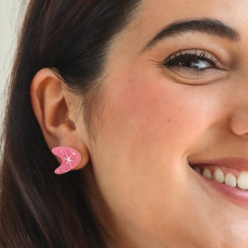 Atomic Boomerang Glitter Stud Earrings - Pink  -  Erstwilder Essentials  -  Quirky Resin and Enamel Accessories