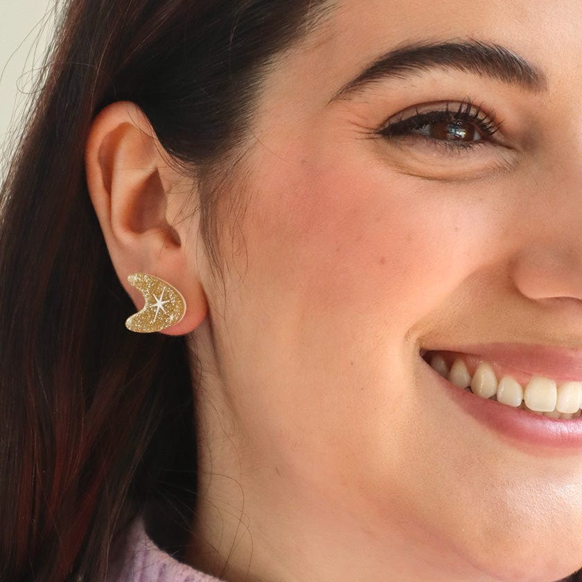 Atomic Boomerang Glitter Stud Earrings - Gold  -  Erstwilder Essentials  -  Quirky Resin and Enamel Accessories