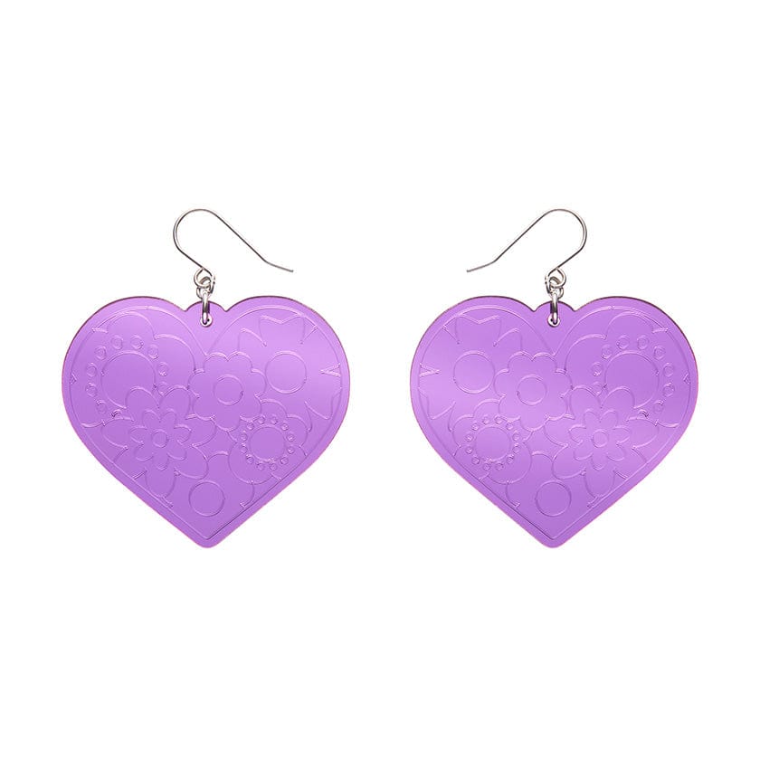Love Heart Mirror Drop Earrings - Purple  -  Erstwilder Essentials  -  Quirky Resin and Enamel Accessories