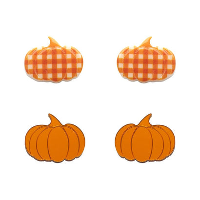 Pumpkin Patch Stud Earrings Set - Orange & Orange Gingham  -  Erstwilder Essentials  -  Quirky Resin and Enamel Accessories