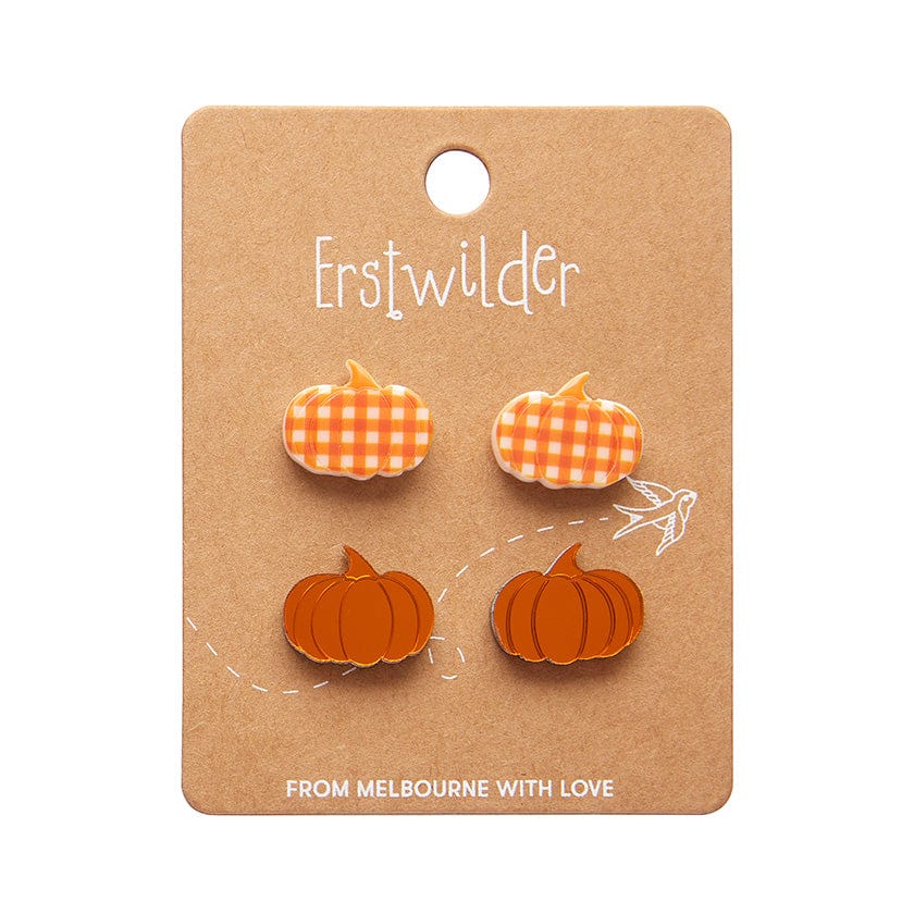 Pumpkin Patch Stud Earrings Set - Orange & Orange Gingham  -  Erstwilder Essentials  -  Quirky Resin and Enamel Accessories